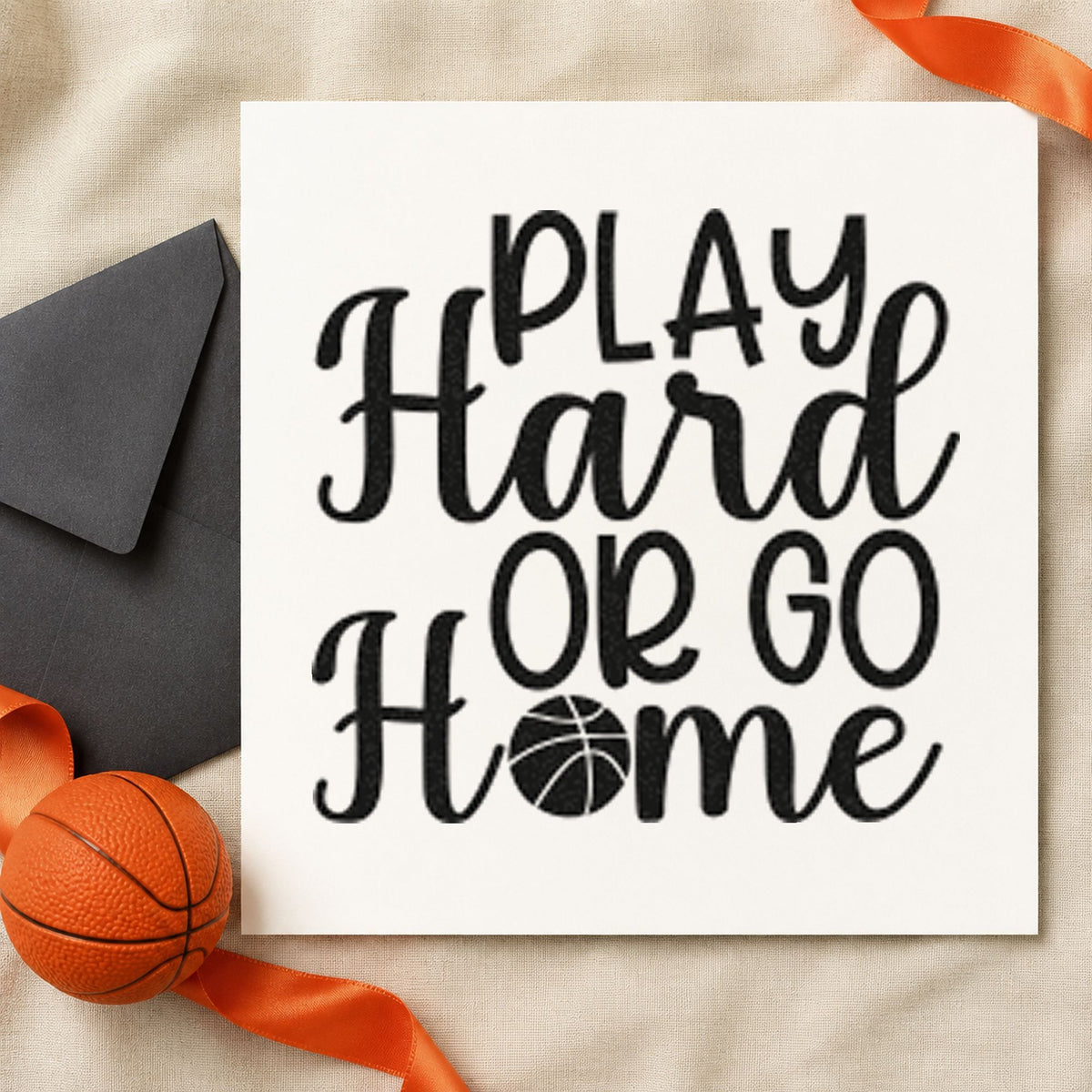 Play Hard or Go Home craft stamp imprint in black ink on a handmade project, one idea being trophy gift tags.