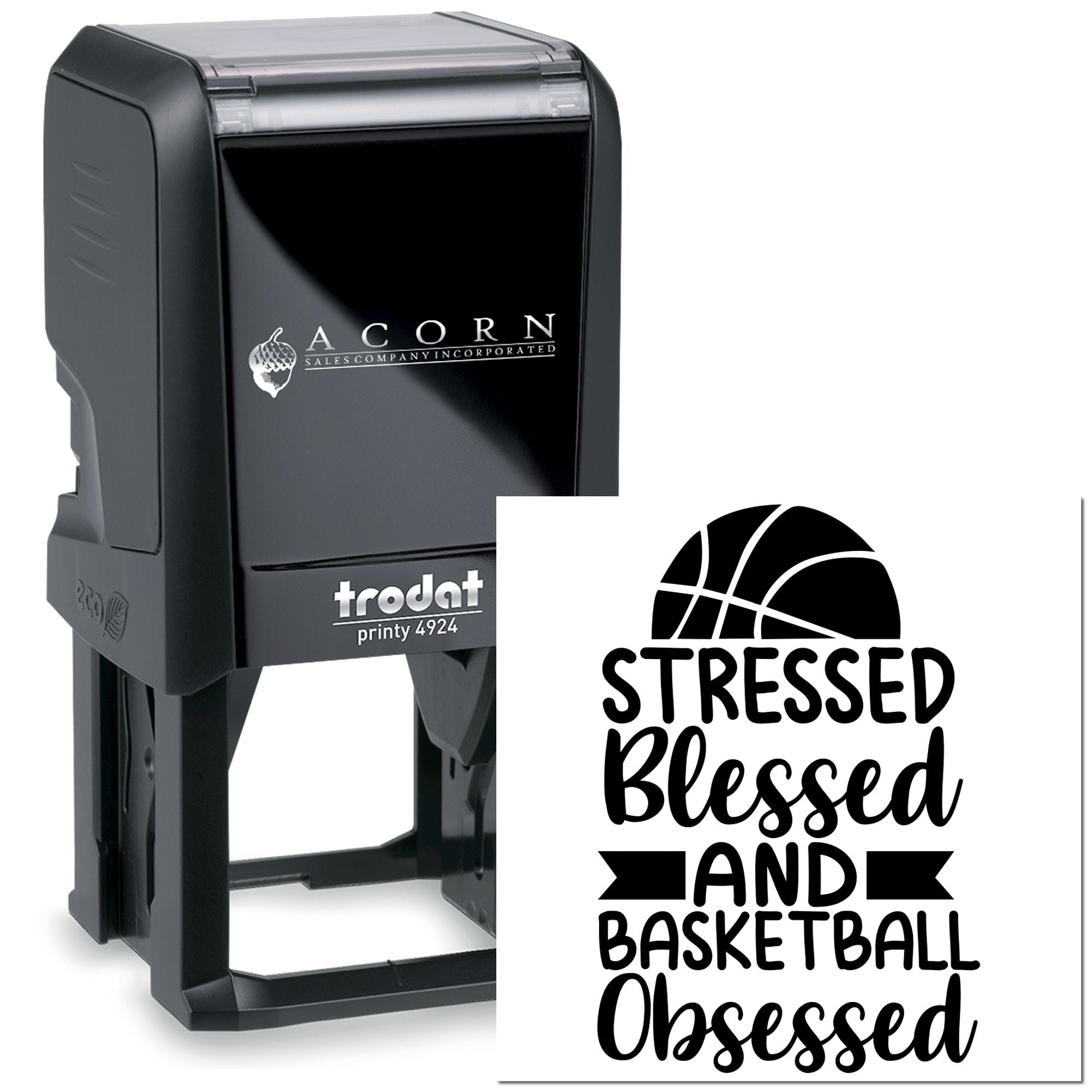 Custom self-inking basketball rubber stamp with Stressed, Blessed and Basketball Obsessed design for personalized sports crafts