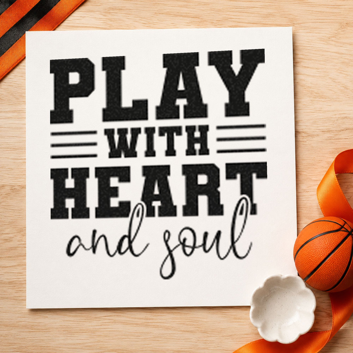 Play With Heart Soul craft stamp in black ink on cardstock, an easy option for awards night album page.