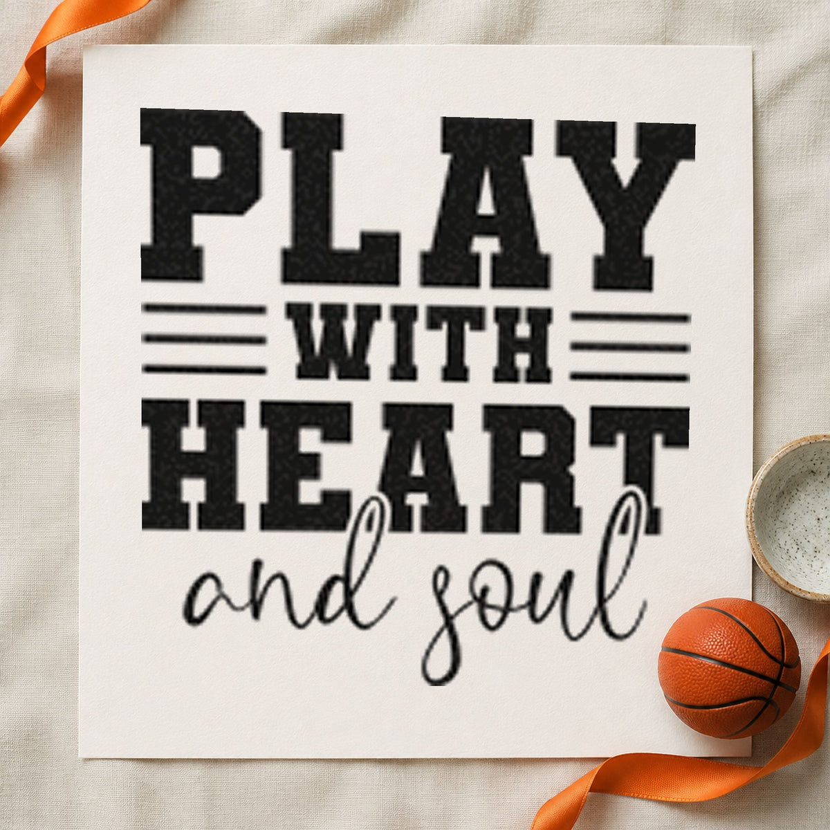 Play With Heart Soul craft stamp imprint in black ink on a handmade project, one idea being trophy gift tags.