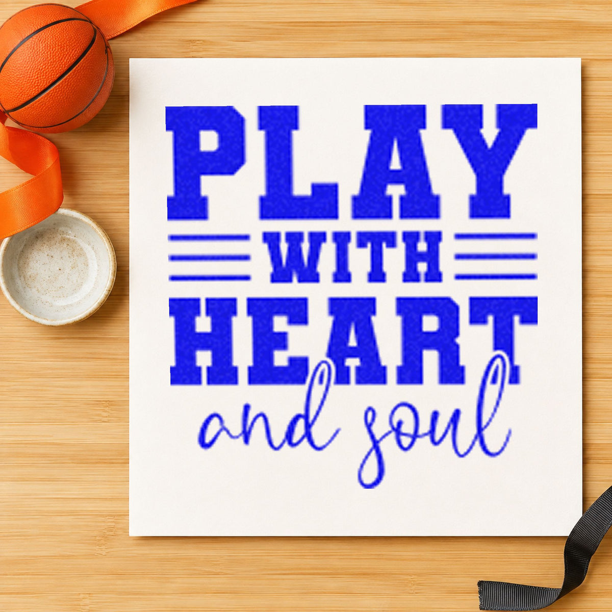 Play With Heart Soul craft stamp in blue ink on cardstock, an easy option for stage drape printing.