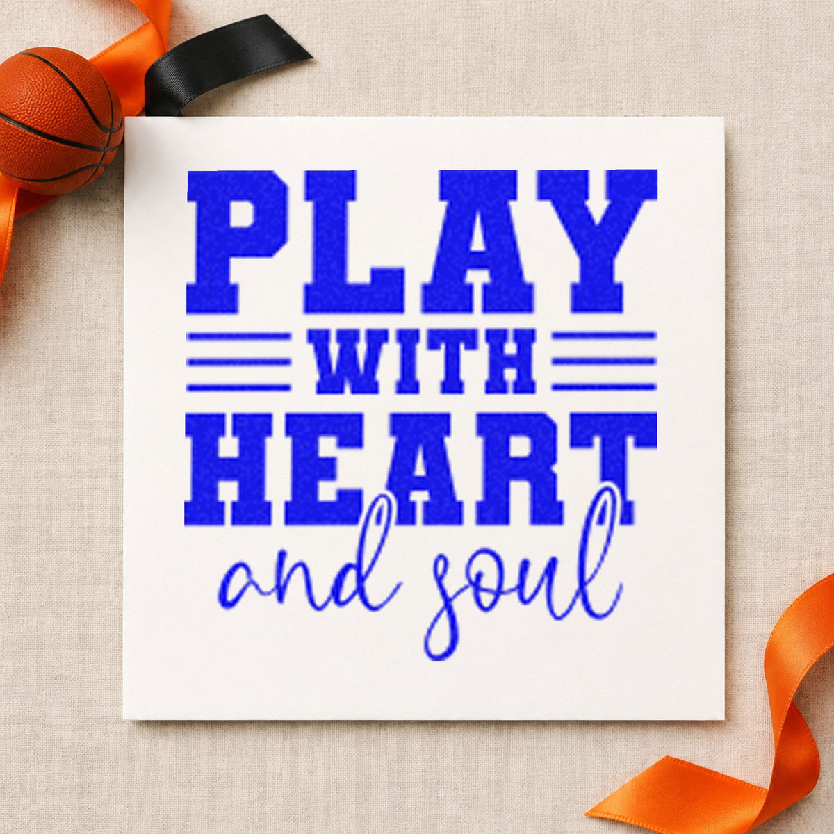 Play With Heart Soul craft stamp imprinted in blue ink on paper, a design suited to framed school hall.