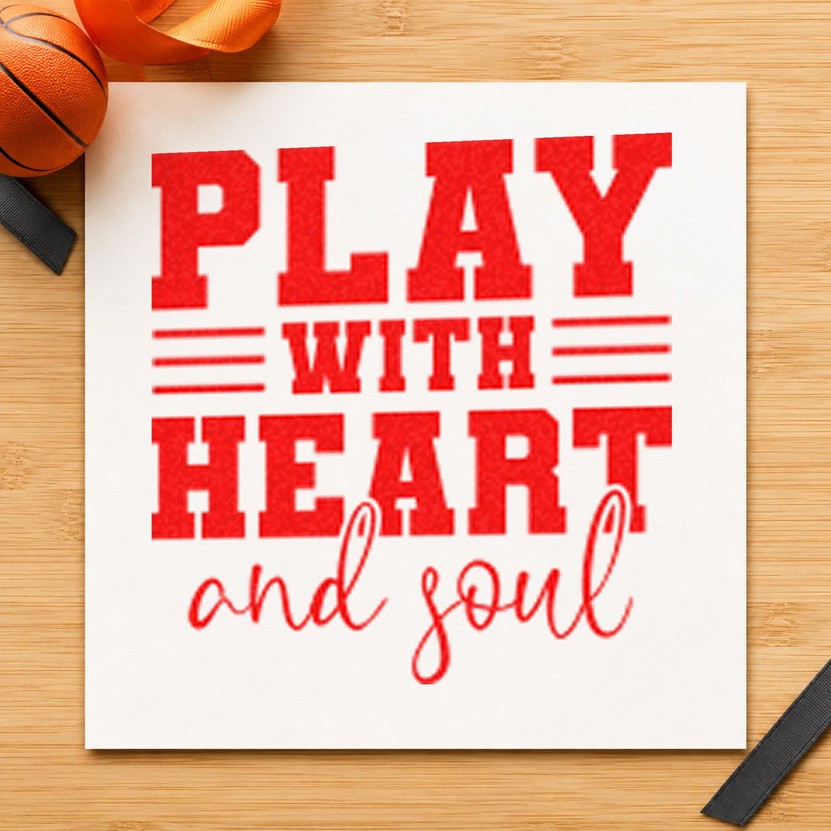 Play With Heart Soul rubber stamp shown in red ink, stamped for projects such as bin trophy labels.