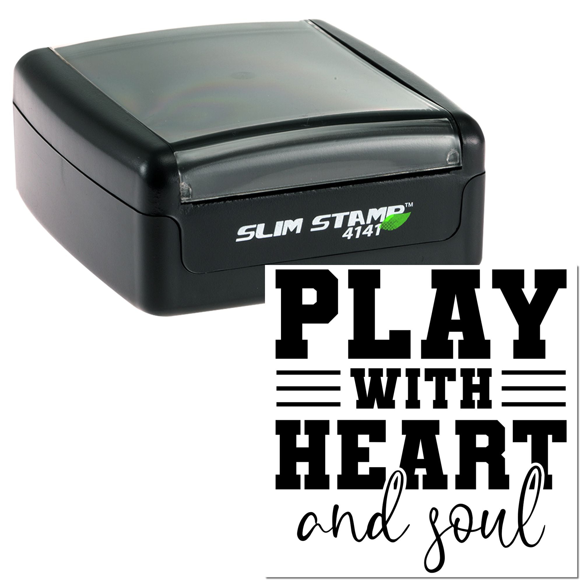 Self-inking slim rubber stamp with Play with Heart and Soul design for crafting, journaling, and personalized stamping.