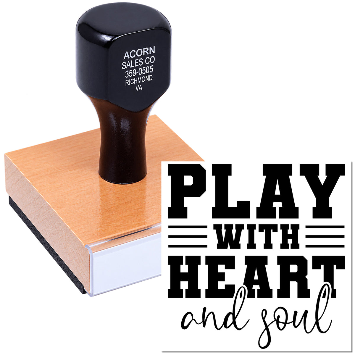 Wooden rubber stamp with Play With Heart and Soul design for crafting, card making, and handmade projects.