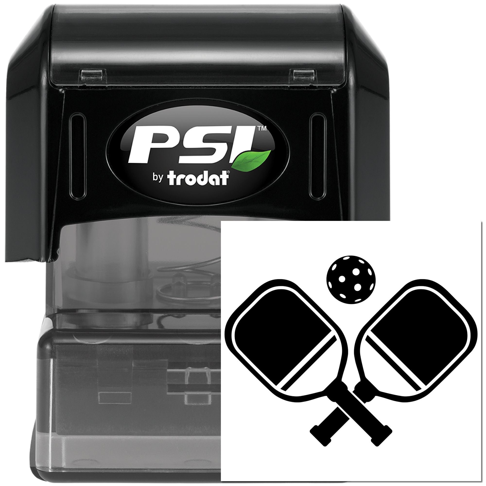 PSI by Trodat self-inking rubber stamp with pickleball paddles logo for custom sports branding and marking.