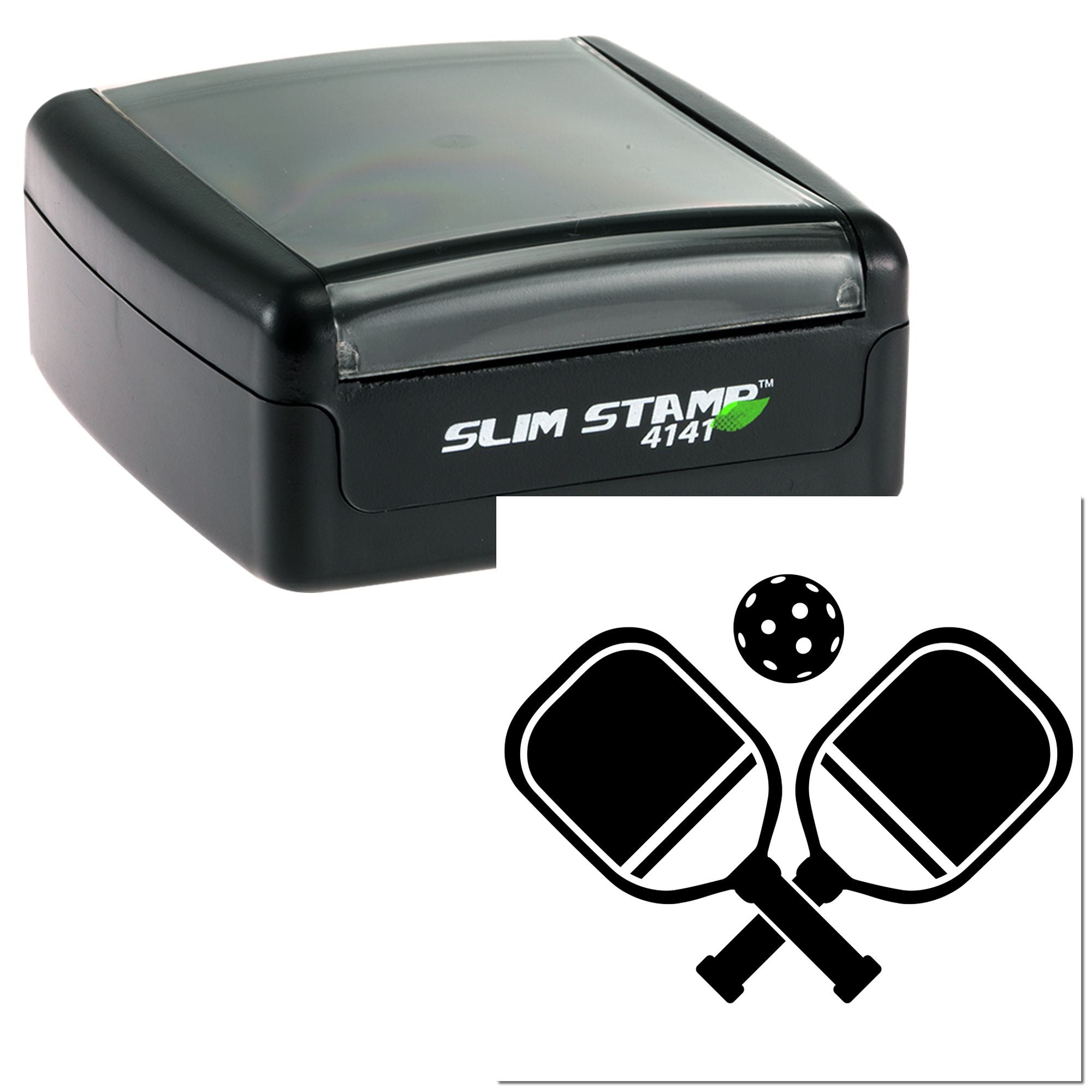 Custom self-inking Slim Stamp 4141 rubber stamp with crossed pickleball paddles and ball design.