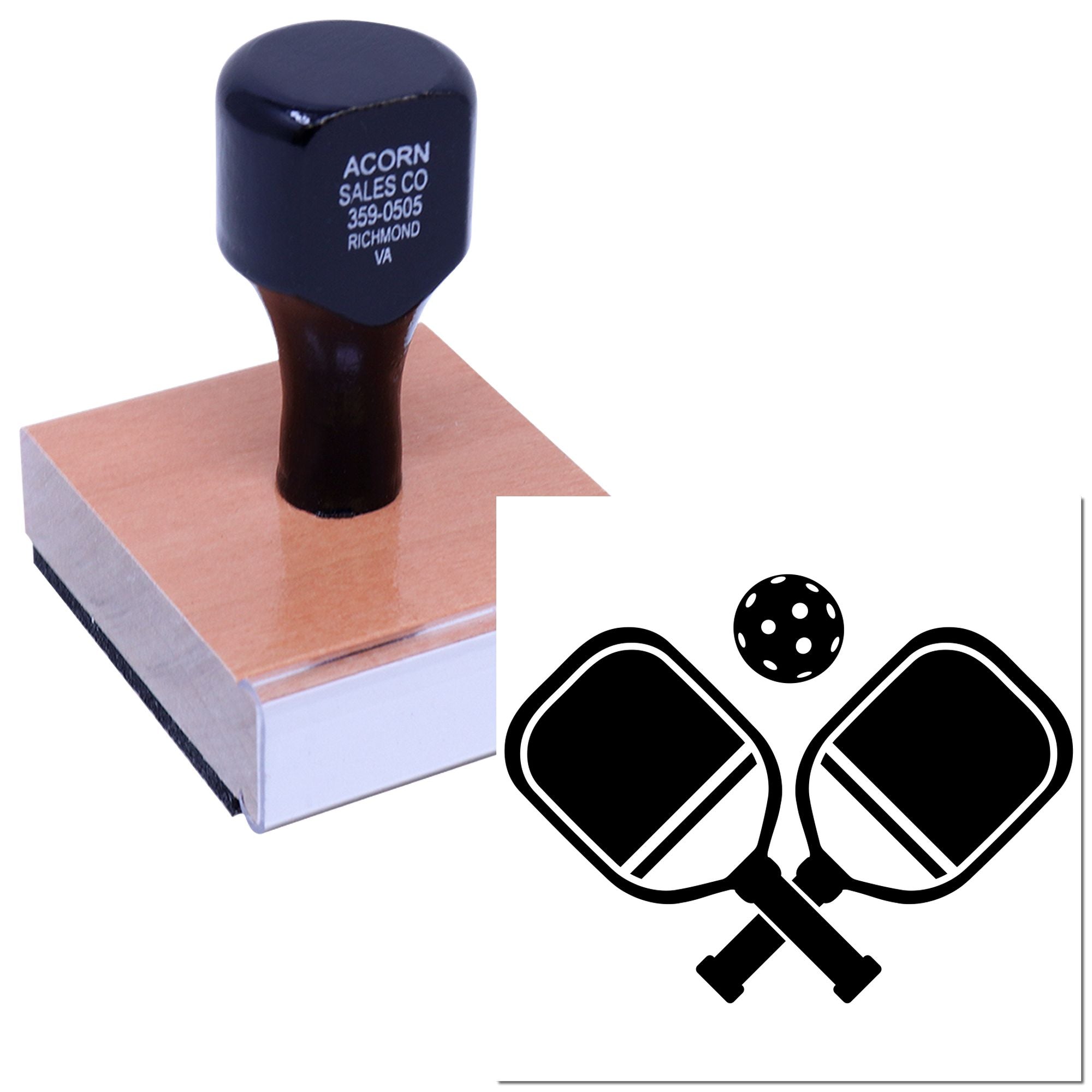 Custom rubber stamp with pickleball paddles logo for sports branding, packaging, and business use.