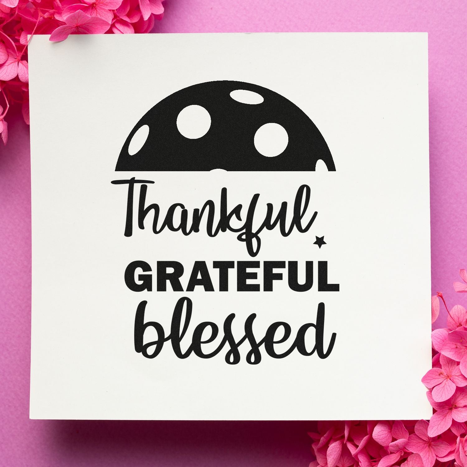 Thankful grateful blessed rubber stamp design with polka dot mushroom top for fall and Thanksgiving crafts.