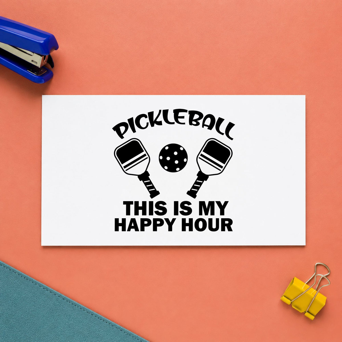 Pickleball My Happy Hour craft stamp imprint in black ink on a handmade project, one idea being post game gift tags.