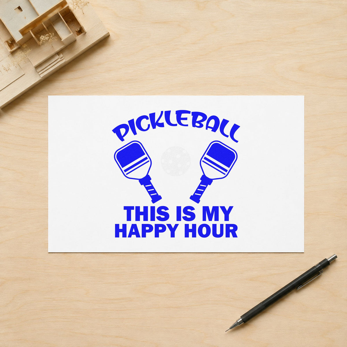 Pickleball My Happy Hour craft stamp imprinted in blue ink on paper, a design suited to framed court fence.