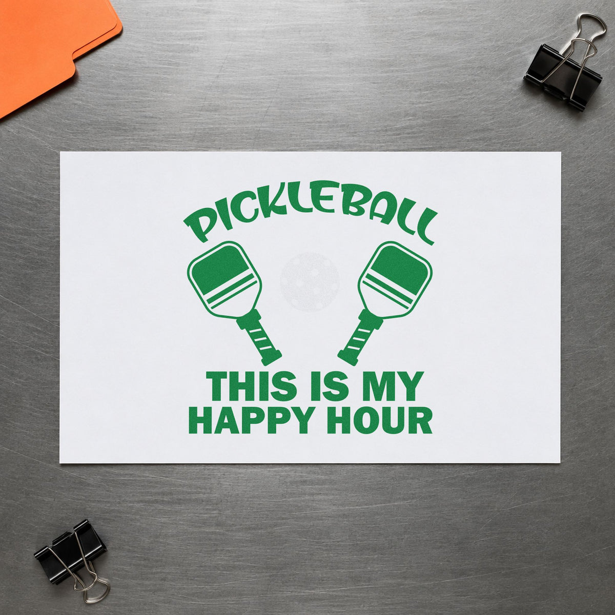 Pickleball My Happy Hour craft stamp imprint in green ink on a handmade project, one idea being match draw cards.