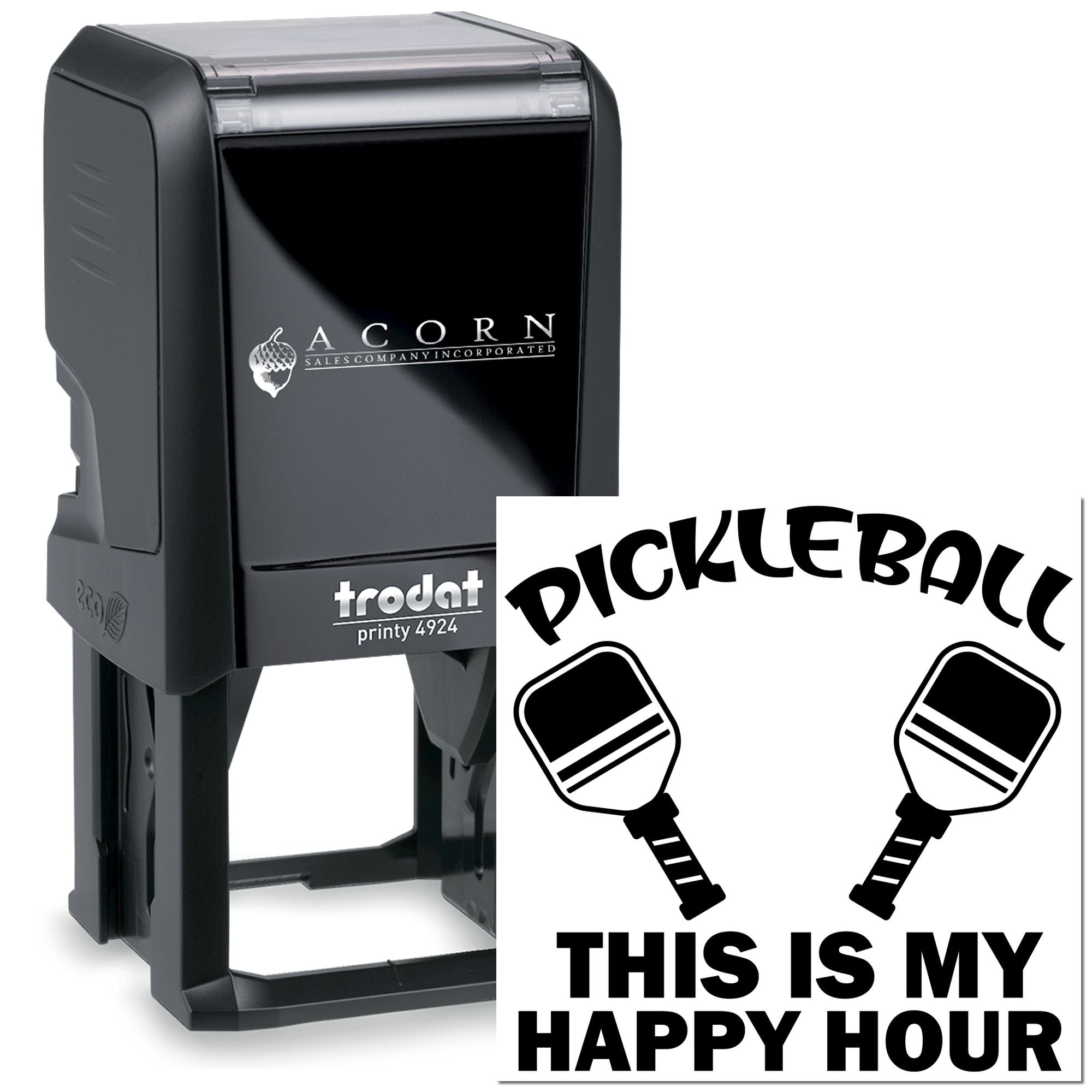 Custom self-inking rubber stamp with pickleball design and This Is My Happy Hour text for sports-themed stamping.
