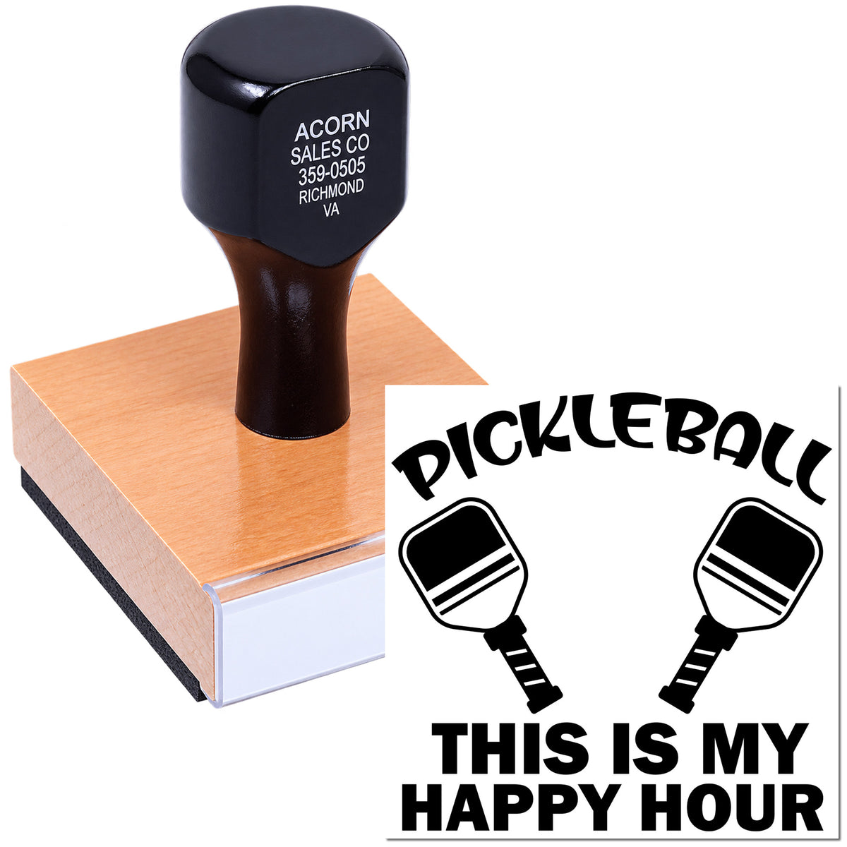 Custom pickleball rubber stamp with This Is My Happy Hour design for personalized sports crafts, gifts, and events.