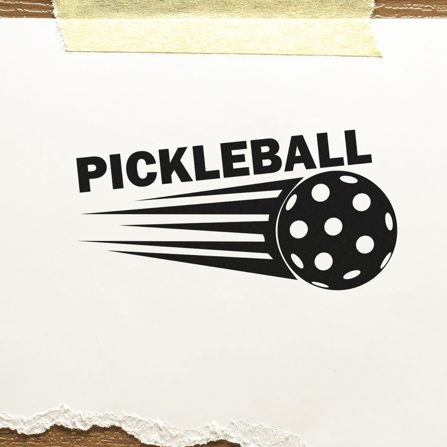 Pickleball rubber stamp design with bold text and ball graphic for sports-themed crafts and packaging.