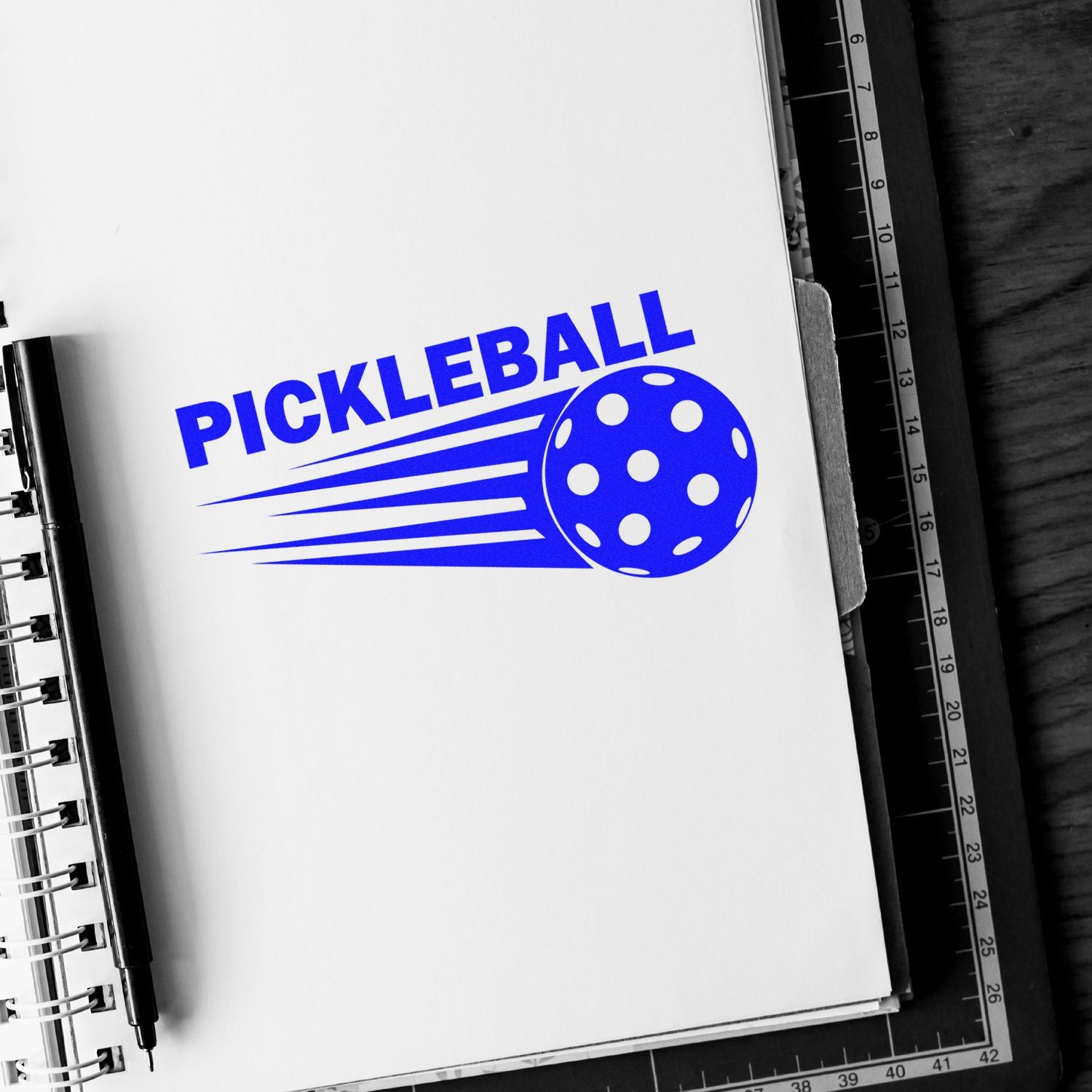 Blue pickleball rubber stamp impression on notebook paper, ideal for custom sports branding, coach gifts, and pickleball clubs.