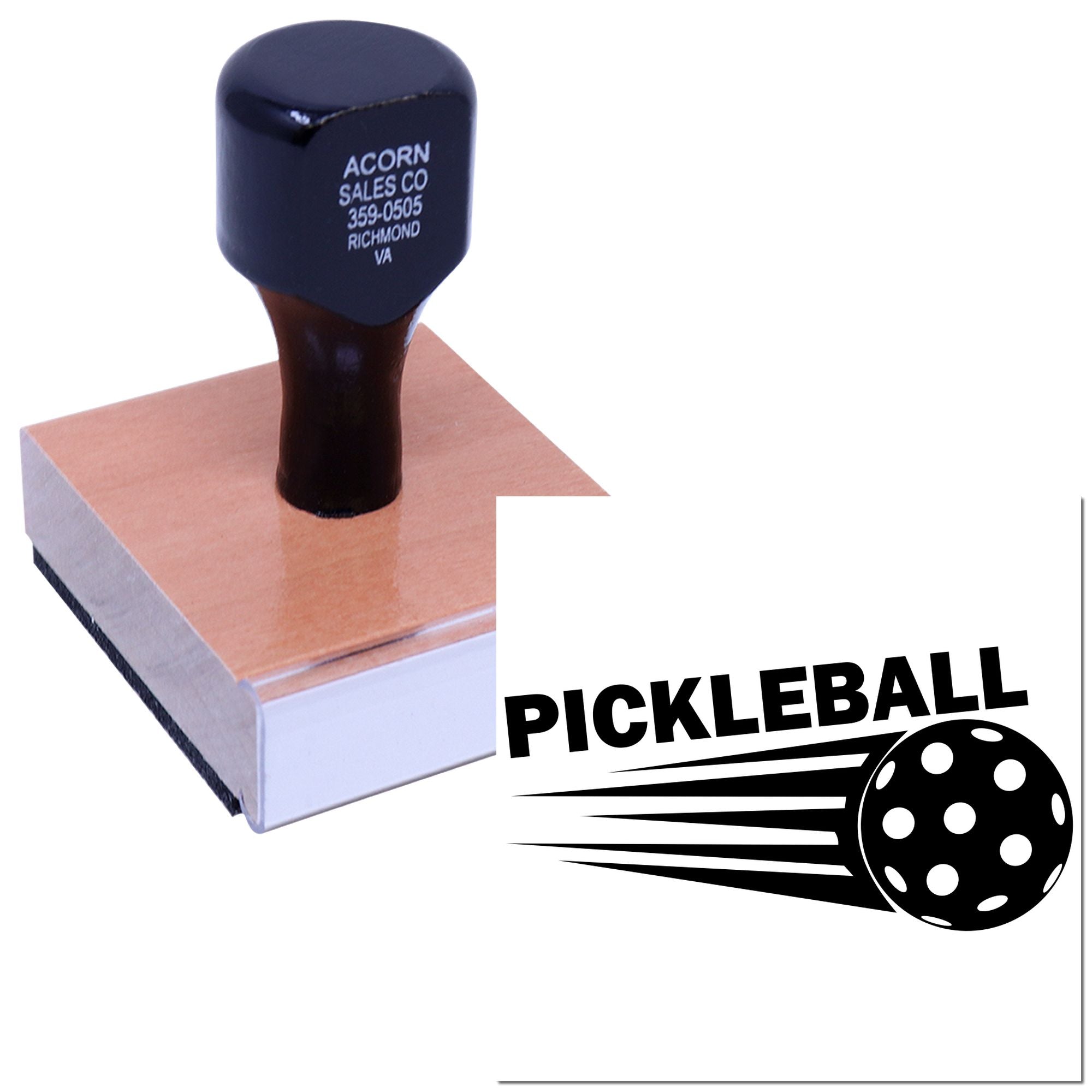 Custom pickleball rubber stamp with logo and address imprint, ideal for sports branding and packaging.