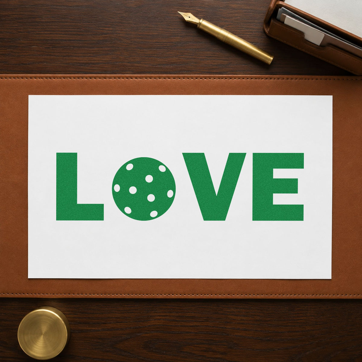 Love Pickleball Ball Letter craft stamp in green ink on cardstock, an easy option for couples night album page.