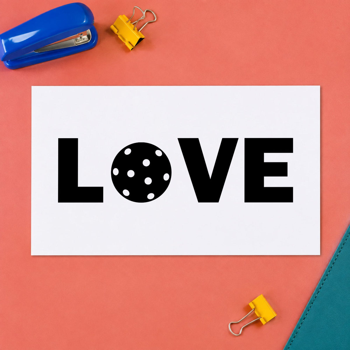 Love Pickleball Ball Letter craft stamp imprint in black ink on a handmade project, one idea being winner prize tags.