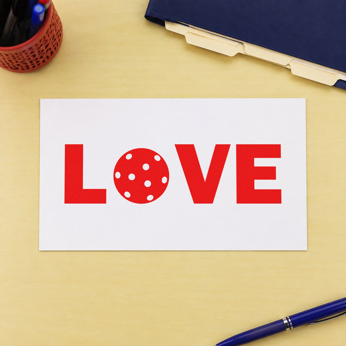 Love Pickleball Ball Letter rubber stamp shown in red ink, stamped for projects such as bin net labels.