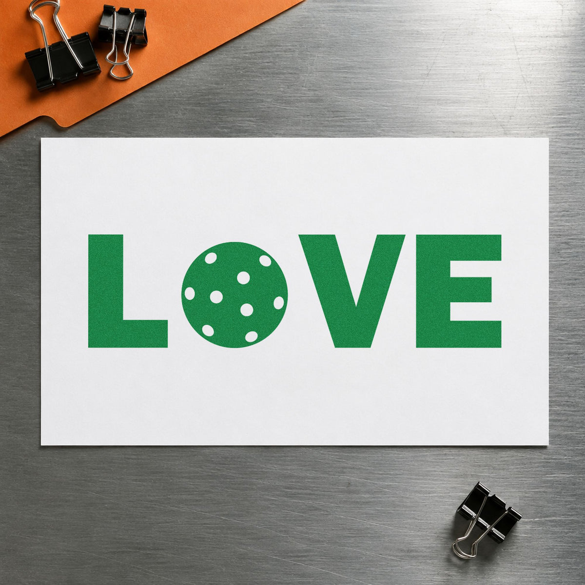 Love Pickleball Ball Letter craft stamp imprint in green ink on a handmade project, one idea being pair match cards.