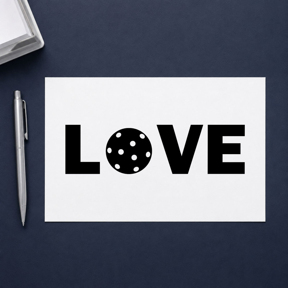 Love Pickleball Ball Letter rubber stamp printed in black ink, ready for ball letter cards and similar paper crafts.