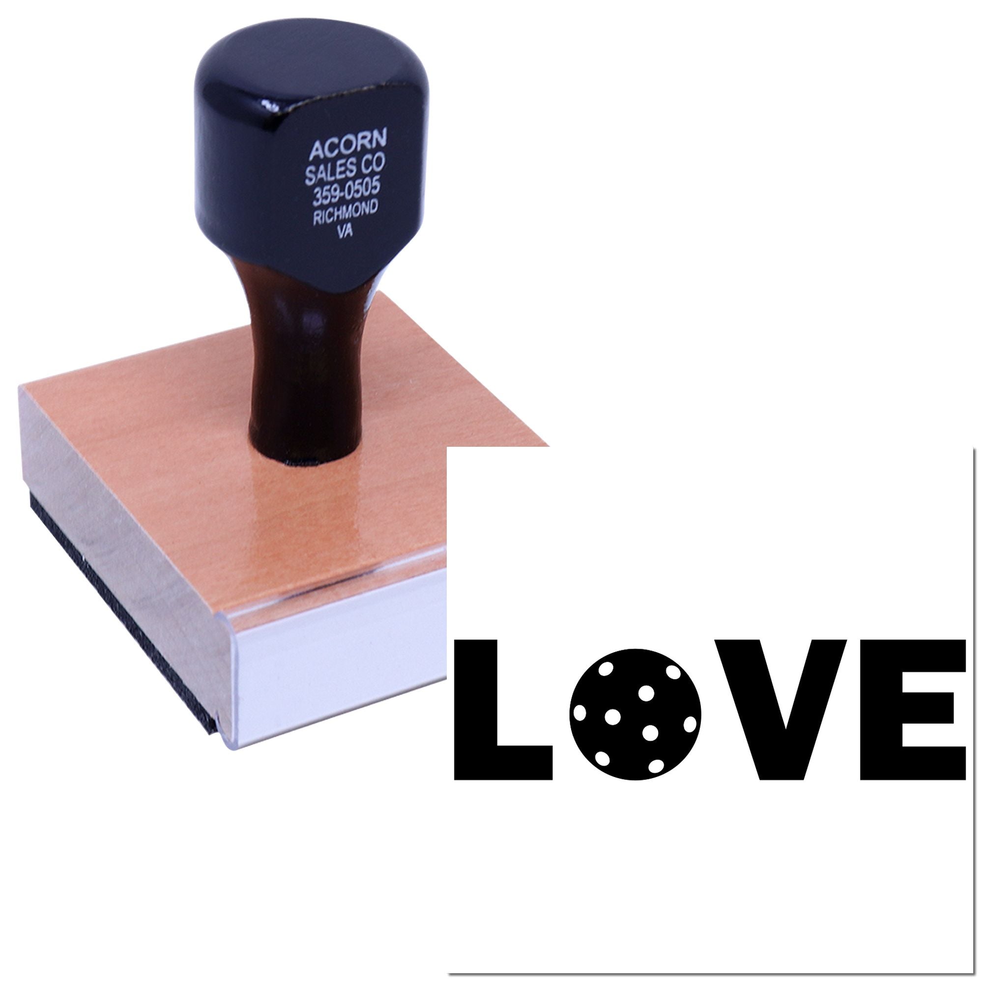 Custom wood handle rubber stamp with LOVE design for wedding crafts and personalized stamping.