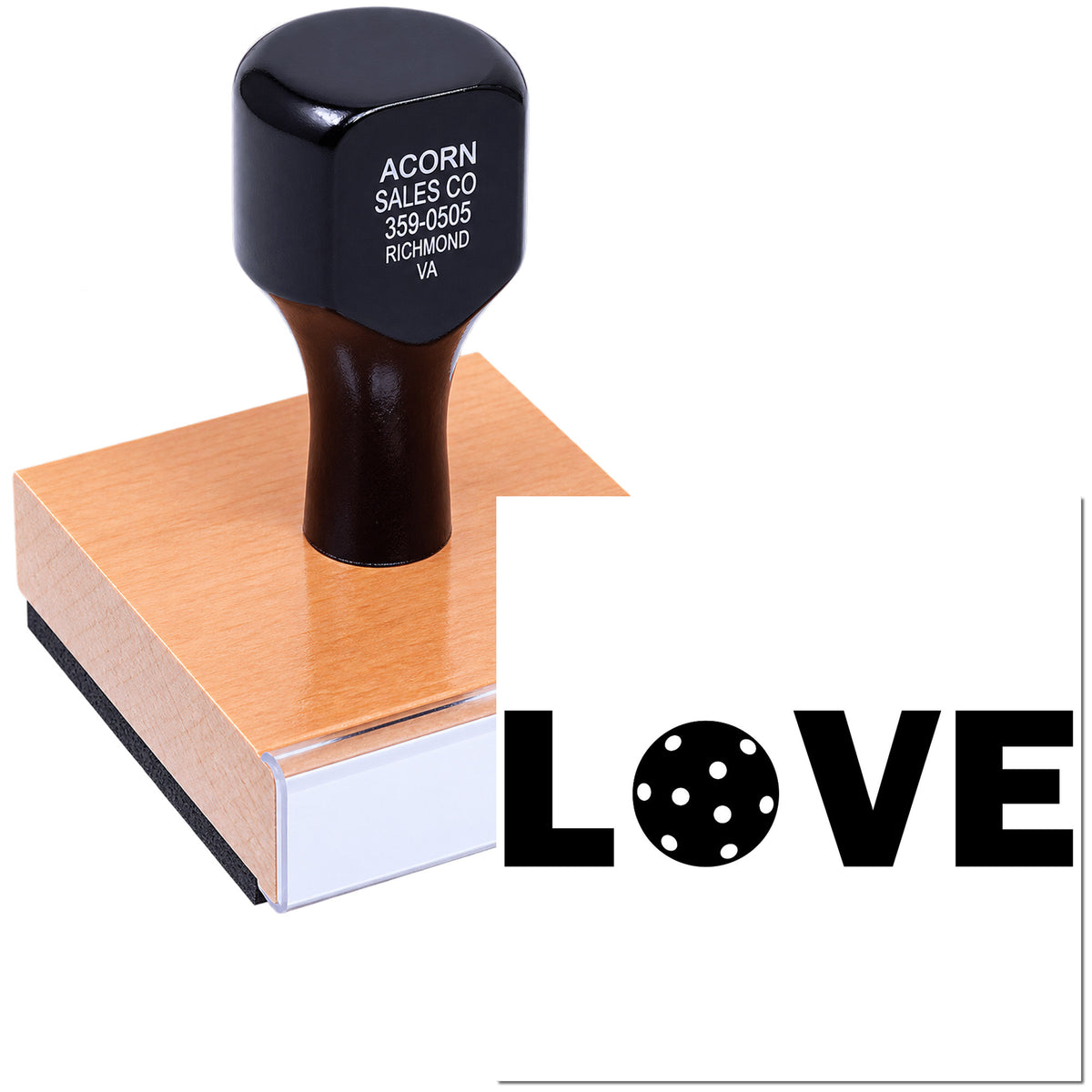 Custom wood handle rubber stamp with LOVE design for wedding crafts and personalized stamping.