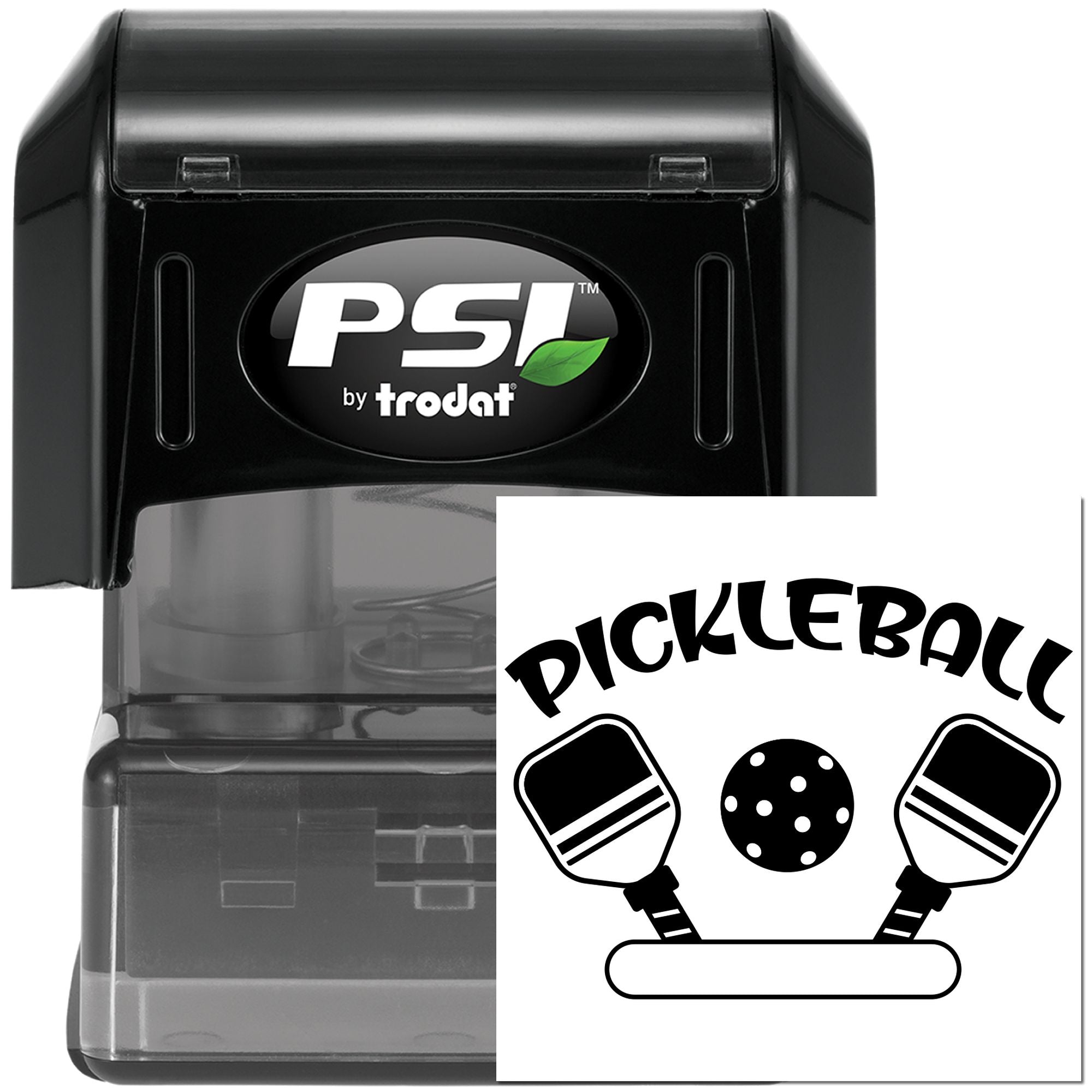 PSI by Trodat self-inking pickleball rubber stamp with paddle and ball design for custom sports branding or labeling.