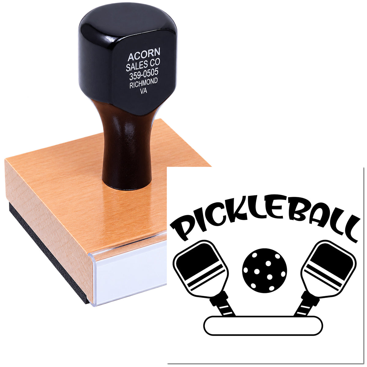Custom pickleball rubber stamp with paddle and ball logo for sports clubs, events, and team branding.