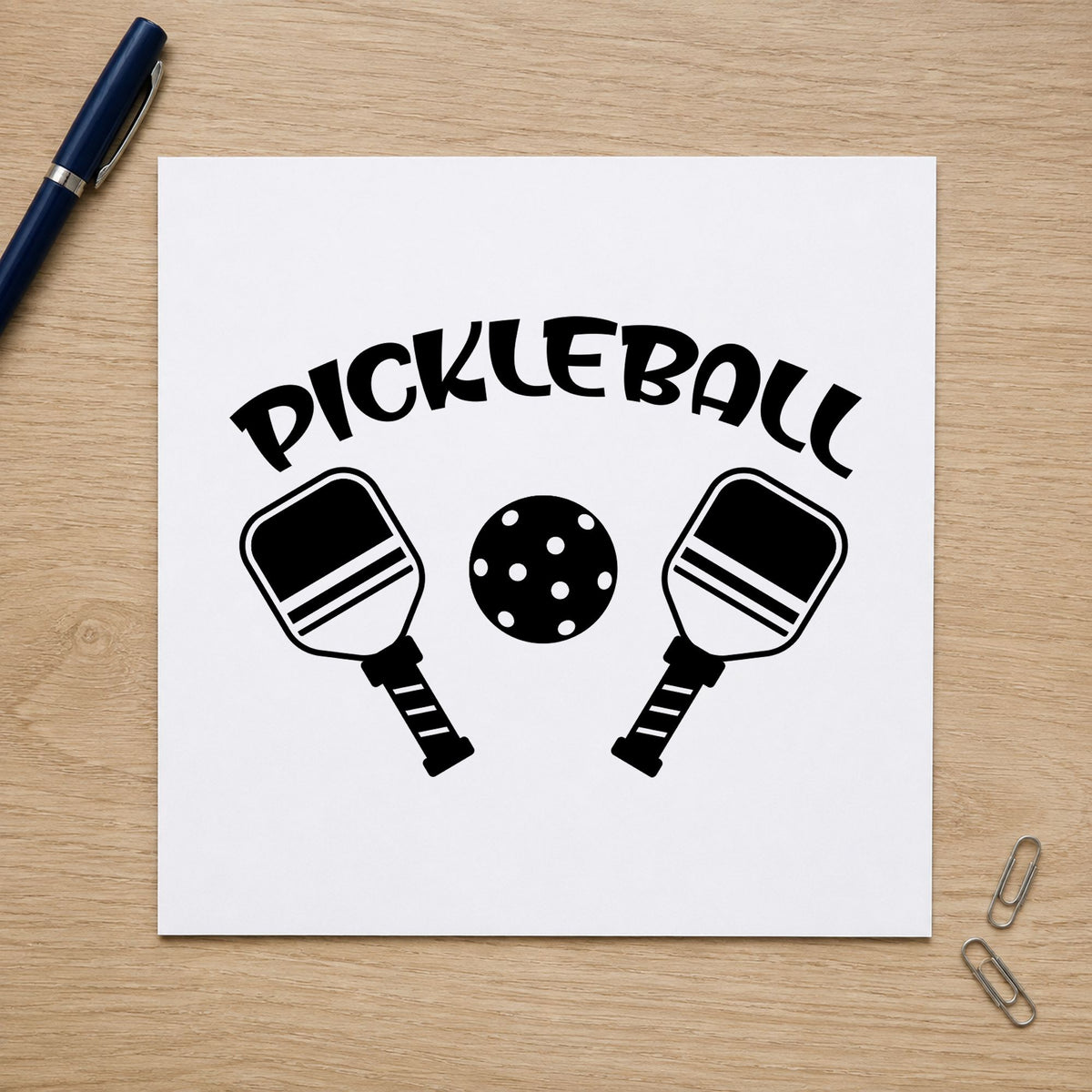Pickleball Paddles And Ball craft stamp in black ink on cardstock, an easy option for rec year album page.