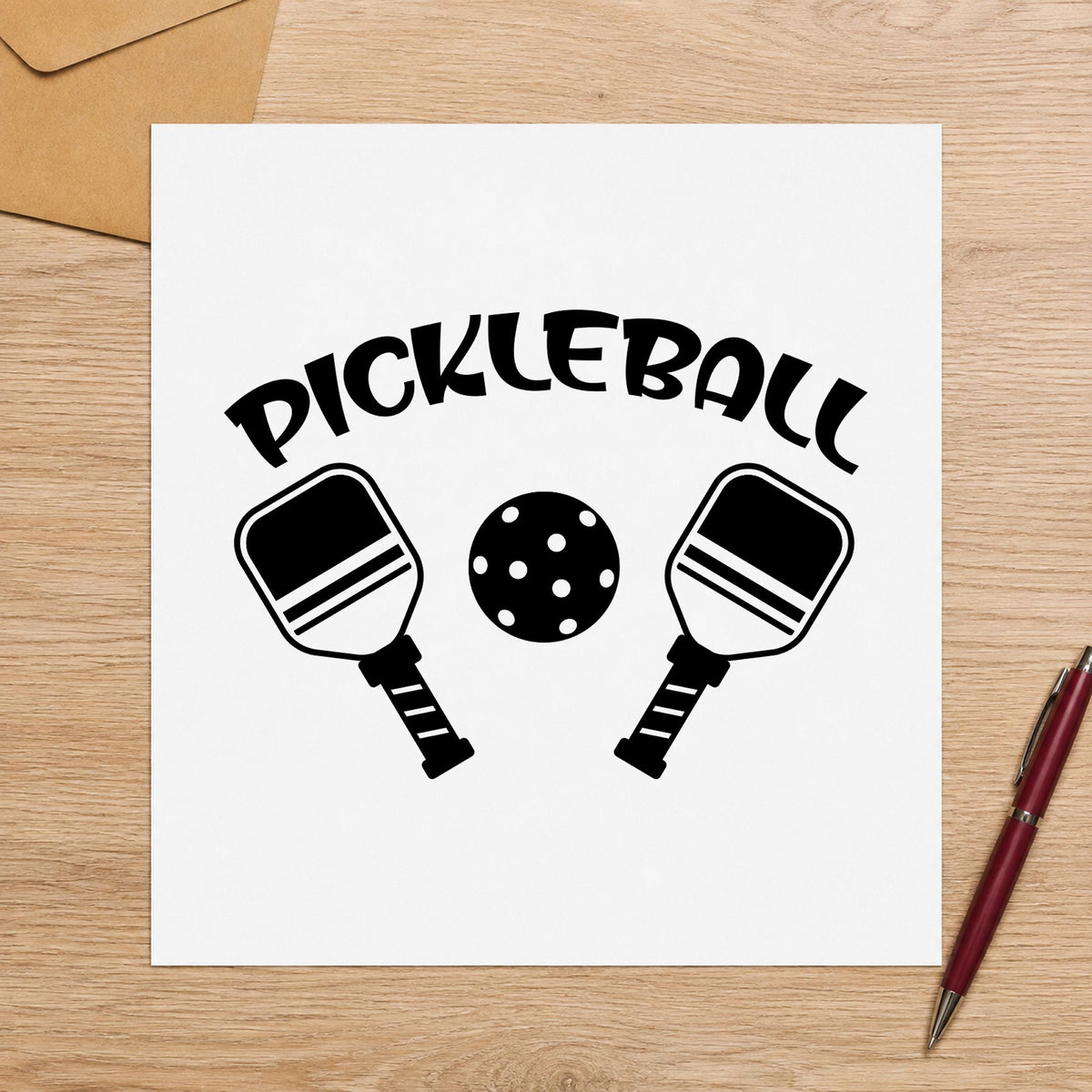 Pickleball Paddles And Ball craft stamp imprint in black ink on a handmade project, one idea being guest pass gift tags.