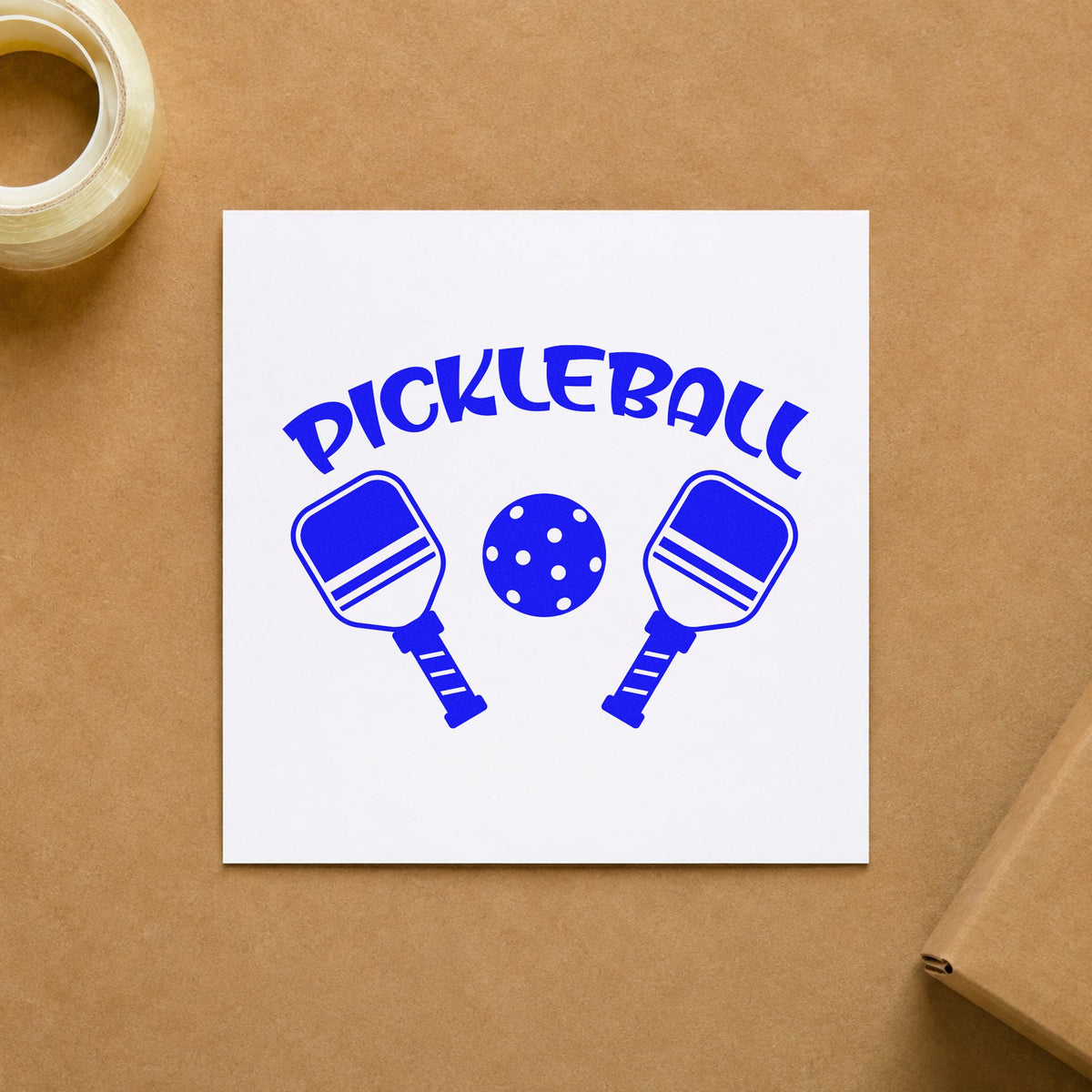 Pickleball Paddles And Ball craft stamp imprinted in blue ink on paper, a design suited to framed front desk.