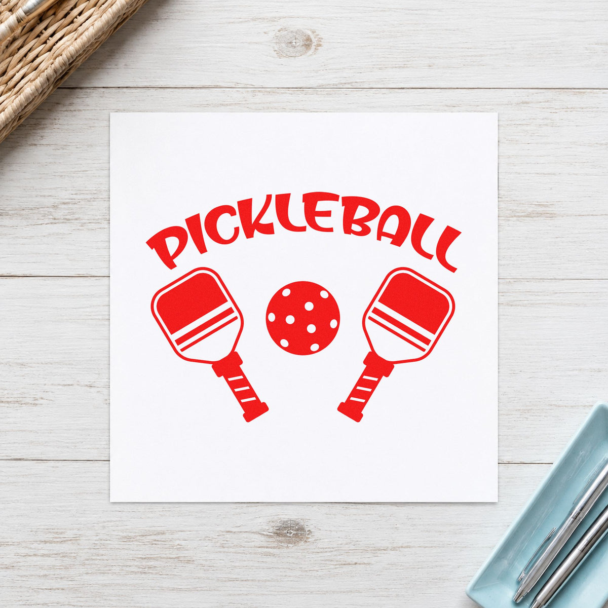 Pickleball Paddles And Ball rubber stamp shown in red ink, stamped for projects such as bin equipment labels.