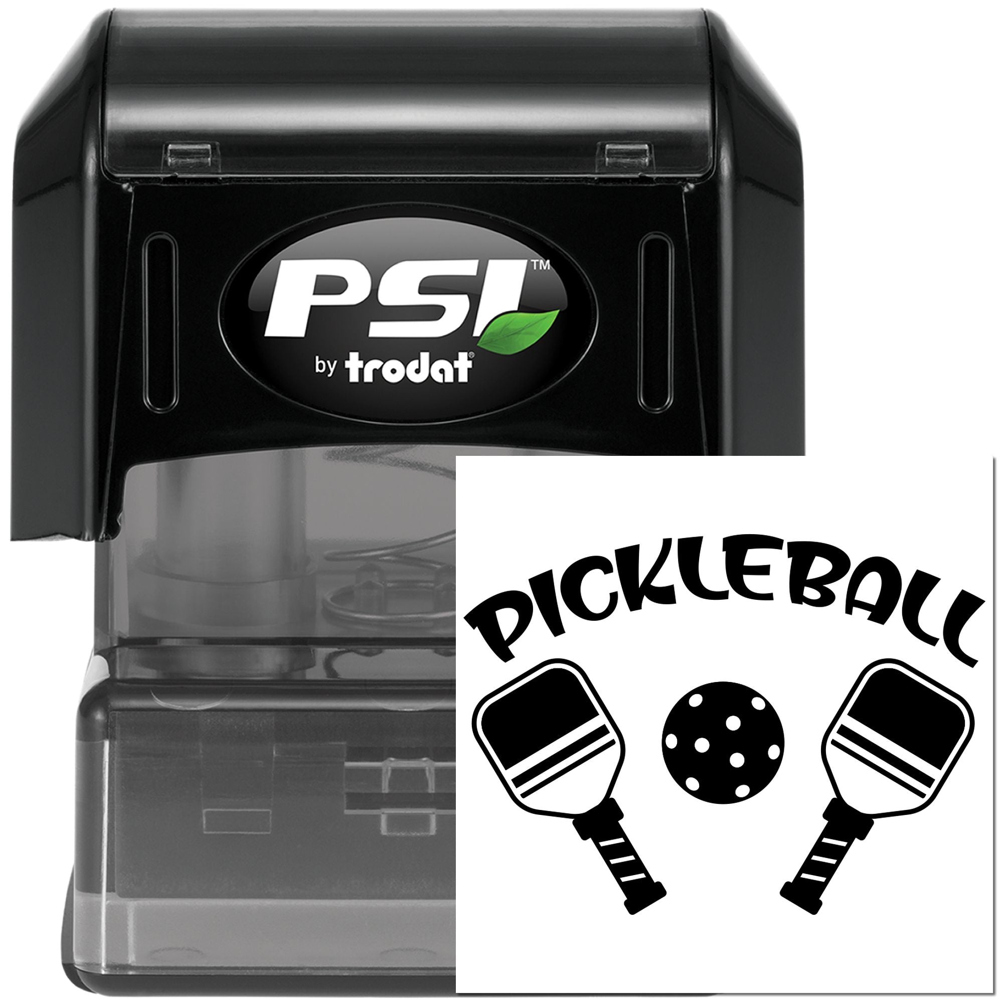 PSI by Trodat self-inking rubber stamp with custom pickleball paddle and ball imprint for sports clubs and branding.