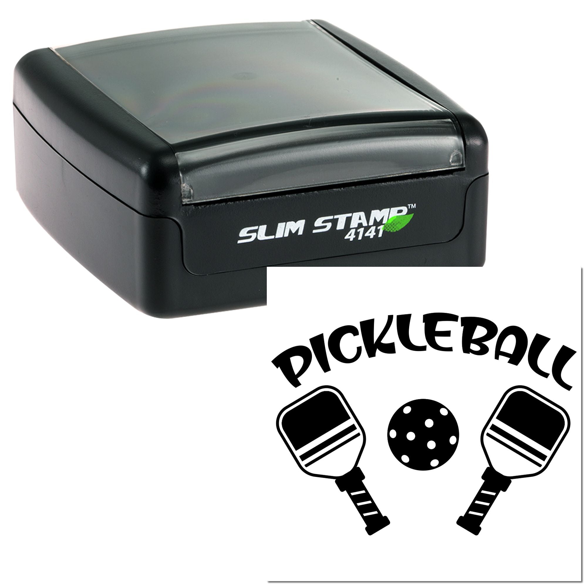 Slim Stamp 4141 self-inking custom pickleball rubber stamp with paddle and ball logo