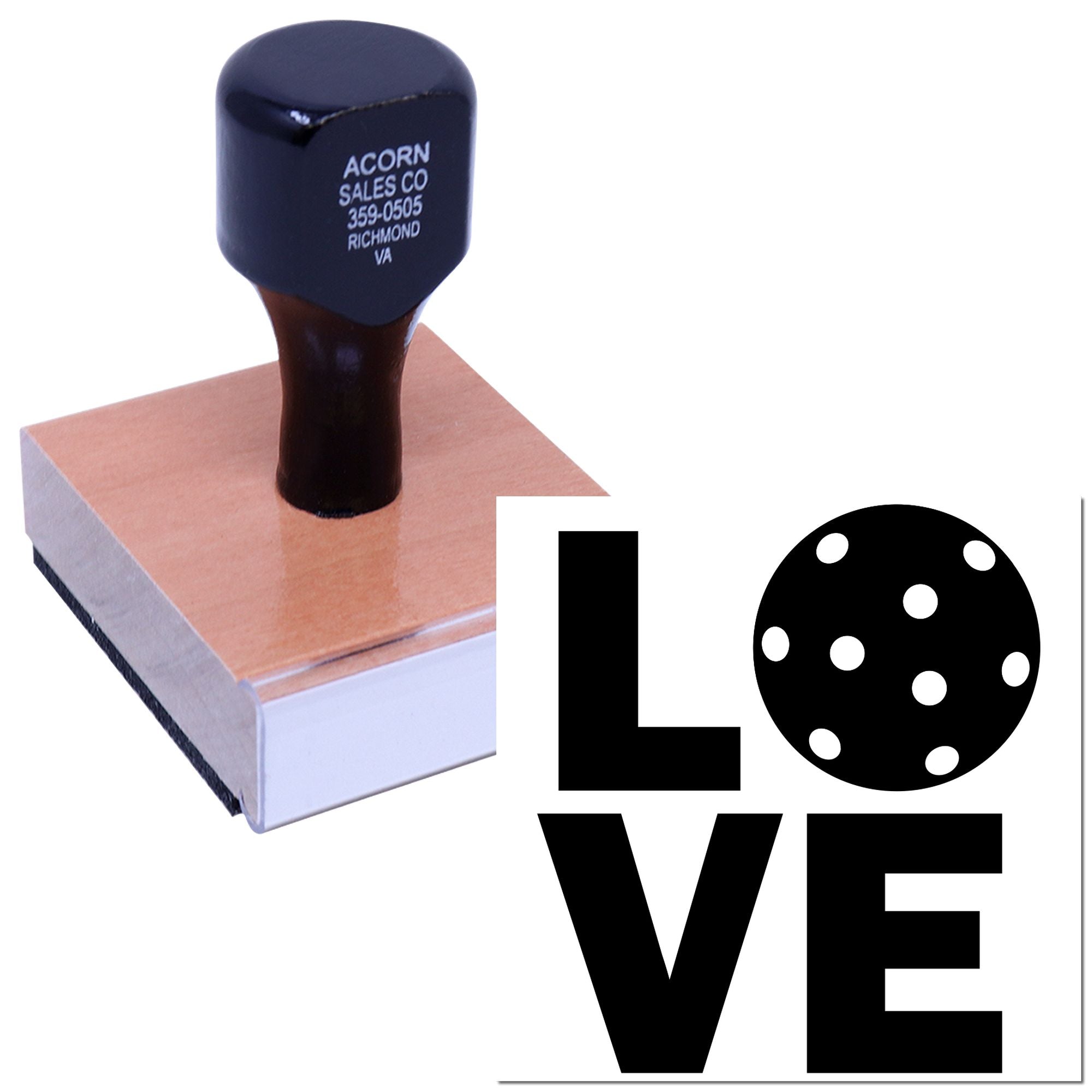 Custom rubber stamp with LOVE design for wedding invitations, crafts, and DIY packaging.