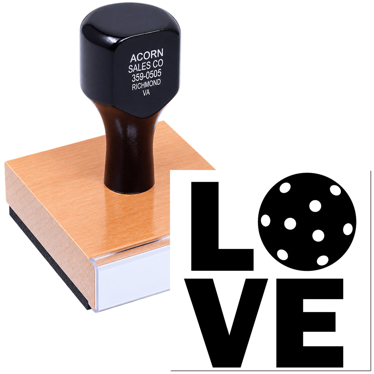 Custom rubber stamp with LOVE design for wedding invitations, crafts, and DIY packaging.