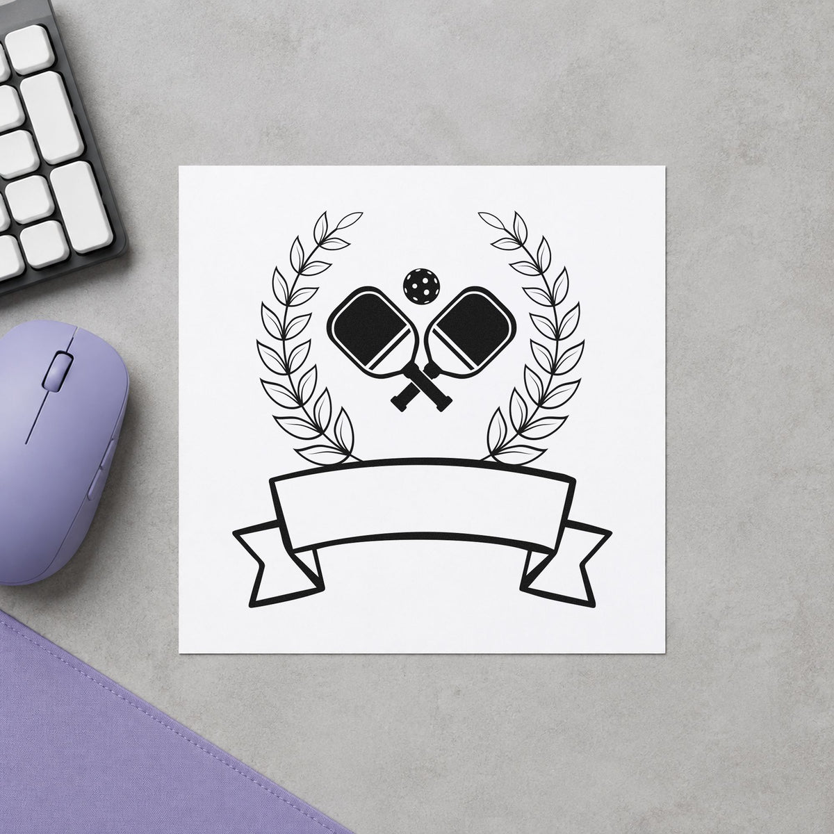 Pickleball Laurel Blank Ribbon rubber stamp printed in black ink, ready for laurel crest cards and similar paper crafts.