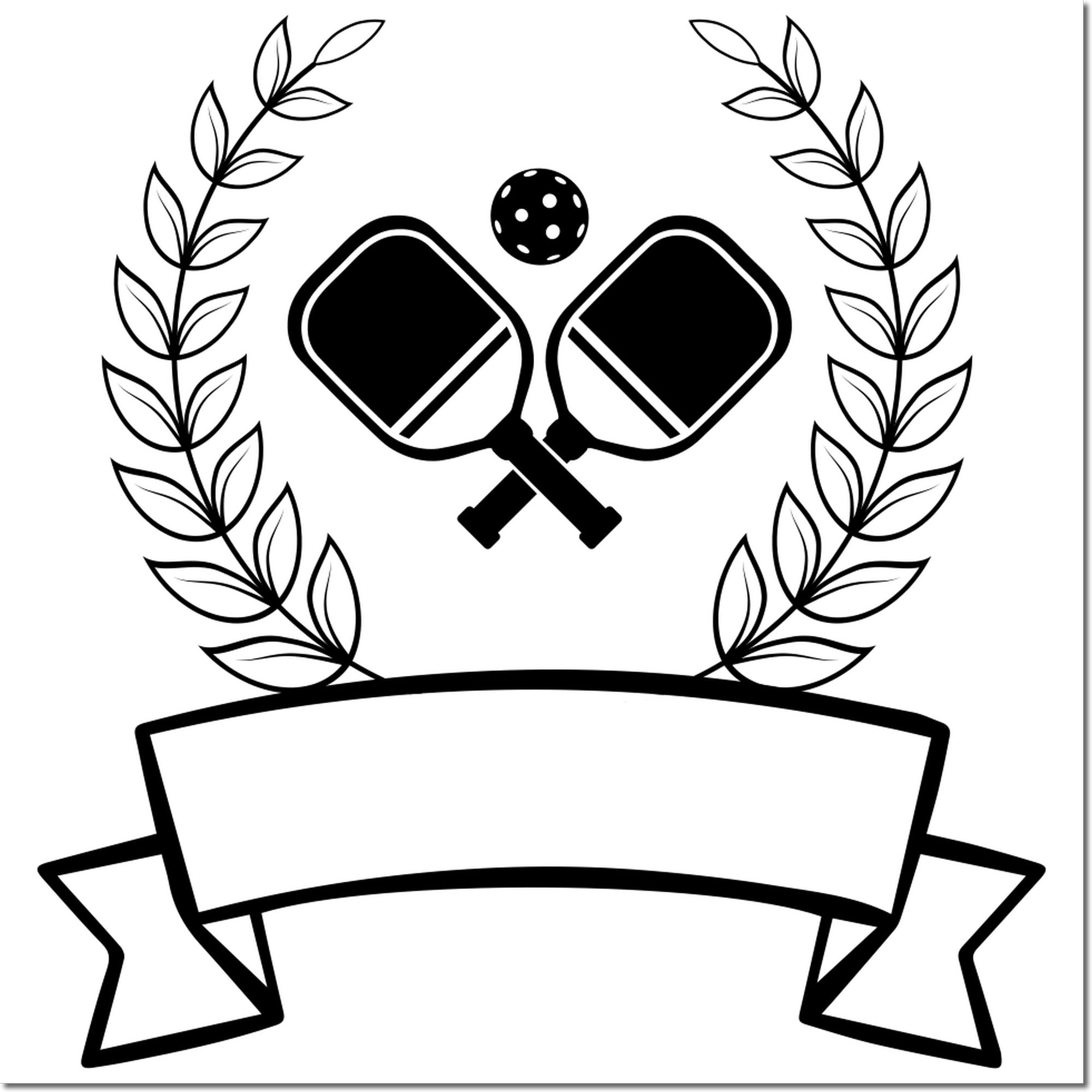Pickleball rubber stamp design with crossed paddles, ball, laurel wreath, and blank banner for custom sports text