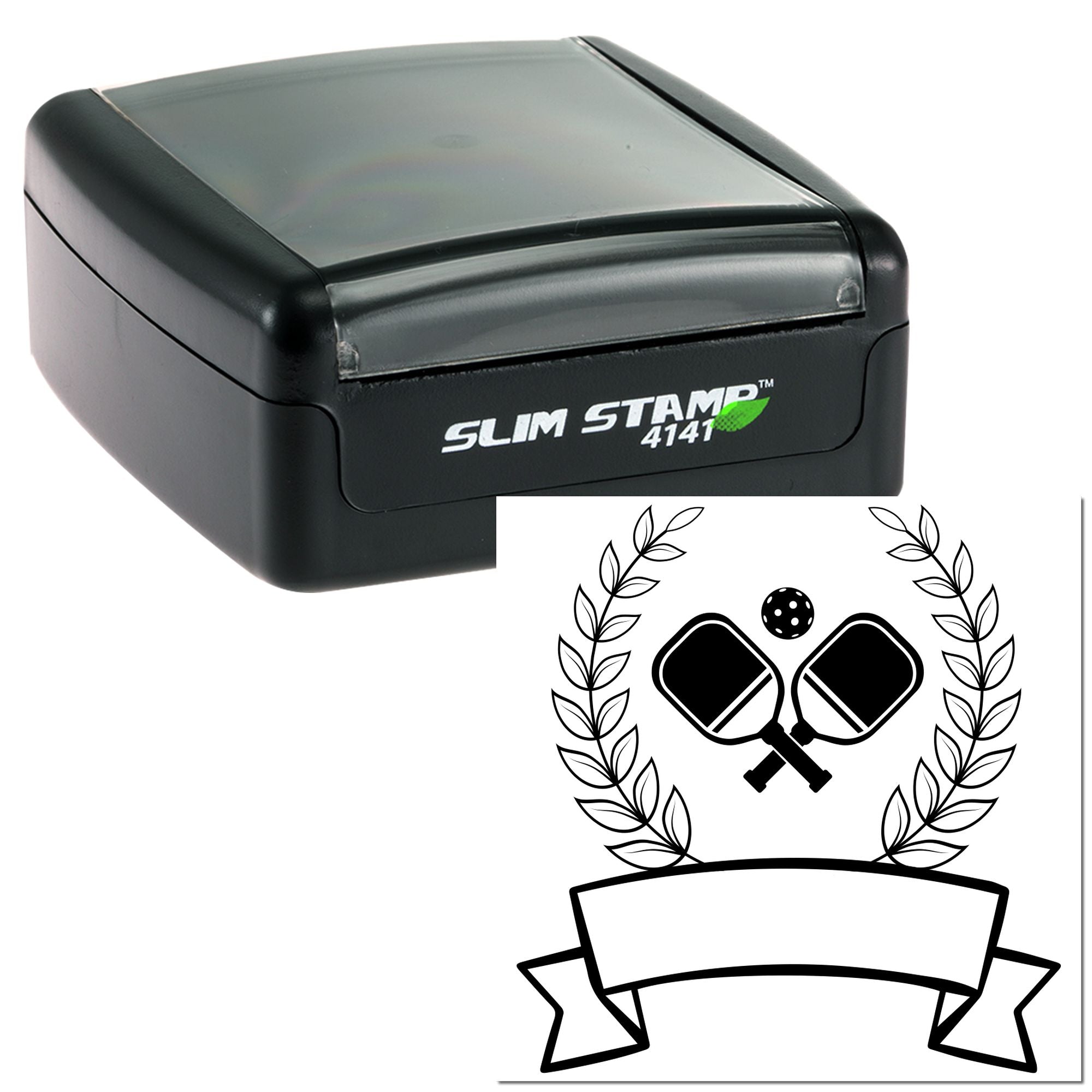 Custom Slim Stamp 4141 rubber stamp with crossed pickleball paddles, laurel wreath and ribbon for sports awards.