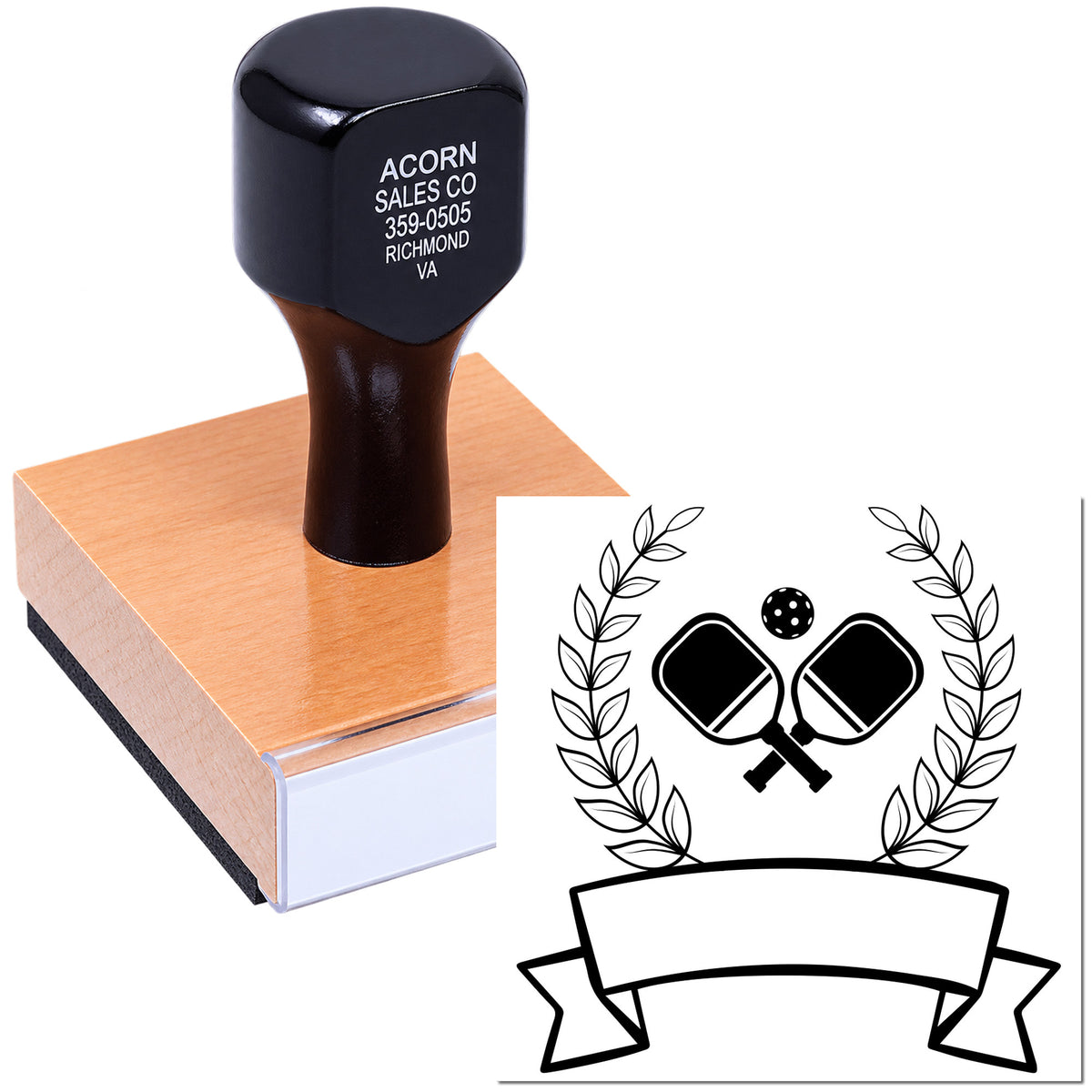 Custom rubber stamp for pickleball logo branding, featuring crossed paddles, laurel wreath and banner design.