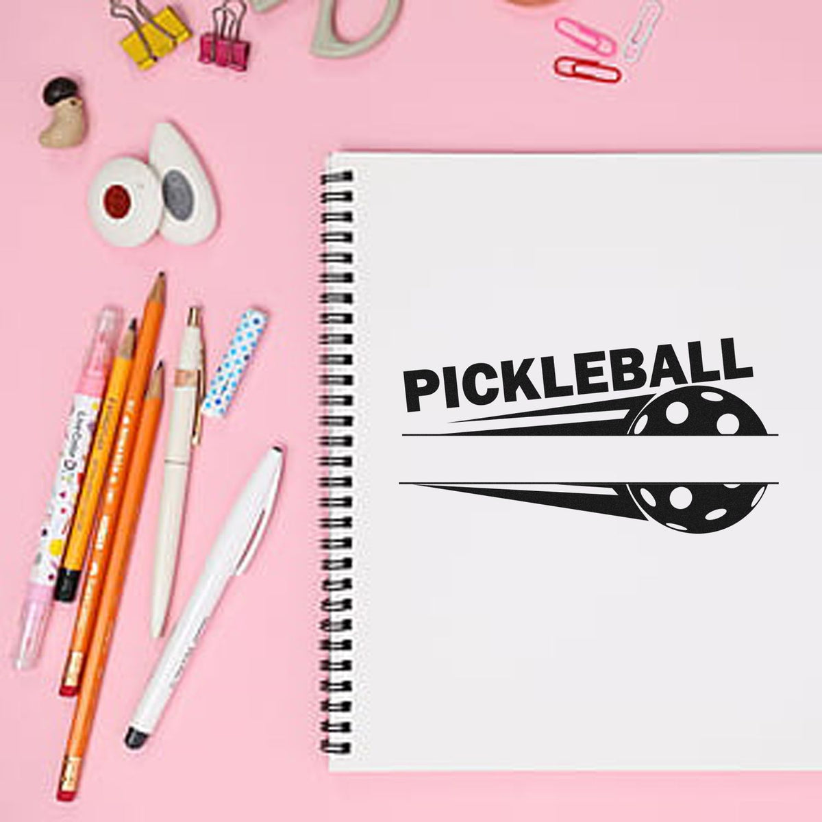 Pickleball Speed Blank Banner Premium Wooden Stamp - Vintage Pro imprint stamped in black ink. PICKLEBALL appears above a speeding ball crossed by a broad blank horizontal band.