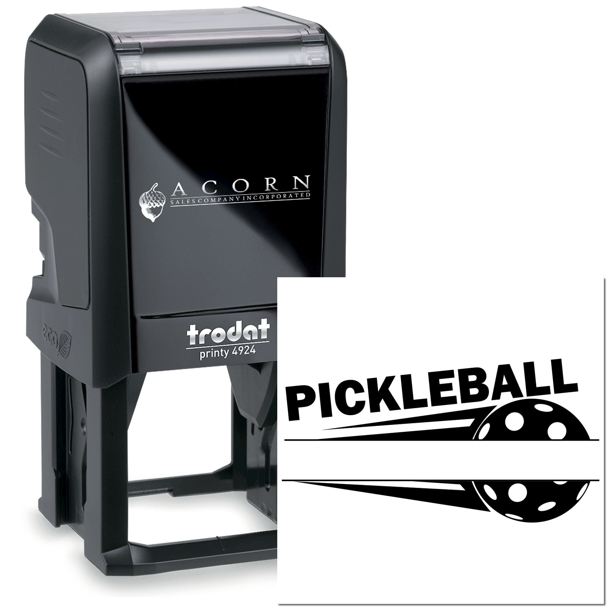Custom self-inking rubber stamp with Pickleball text and pickleball graphic, shown on Trodat Printy 4924 stamp body.