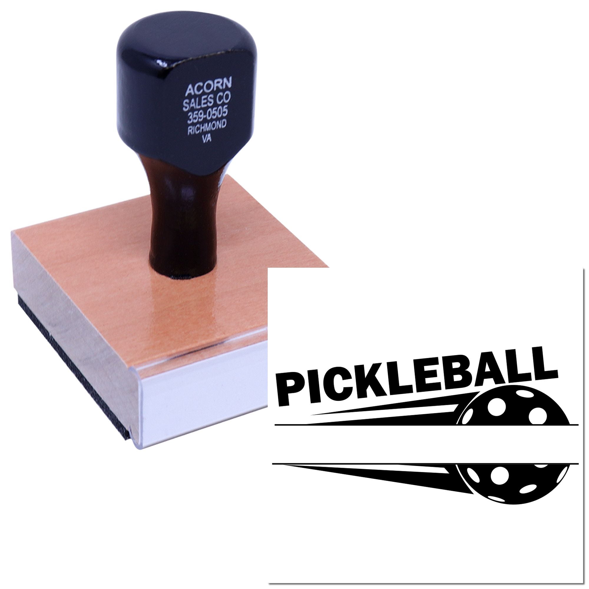Custom pickleball rubber stamp with wood handle, ideal for branding sports logos, clubs, and promotional materials.