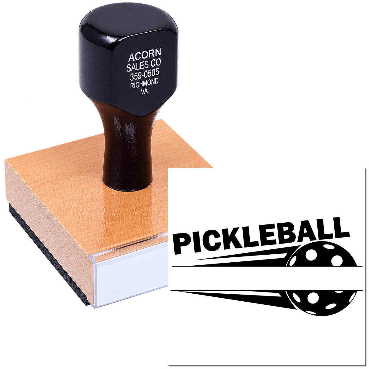 Custom pickleball rubber stamp with wood handle, ideal for branding sports logos, clubs, and promotional materials.