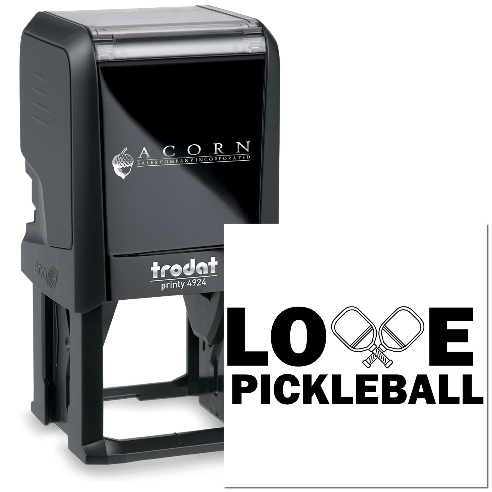 Custom self-inking Trodat Printy 4924 rubber stamp for pickleball logos, featuring a Love Pickleball design.