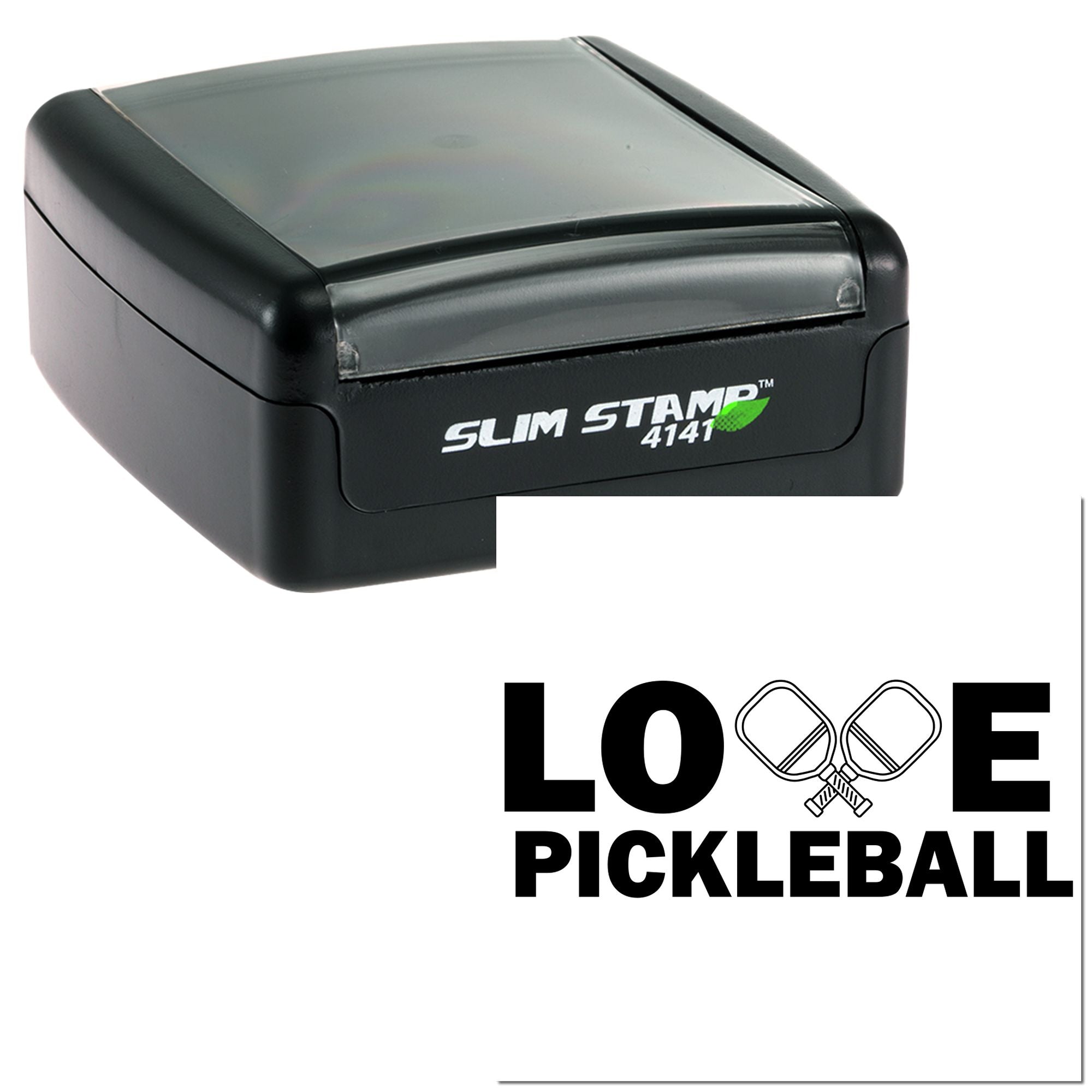 Custom pickleball rubber stamp with Love Pickleball logo, self-inking slim stamp for sports branding and packaging.