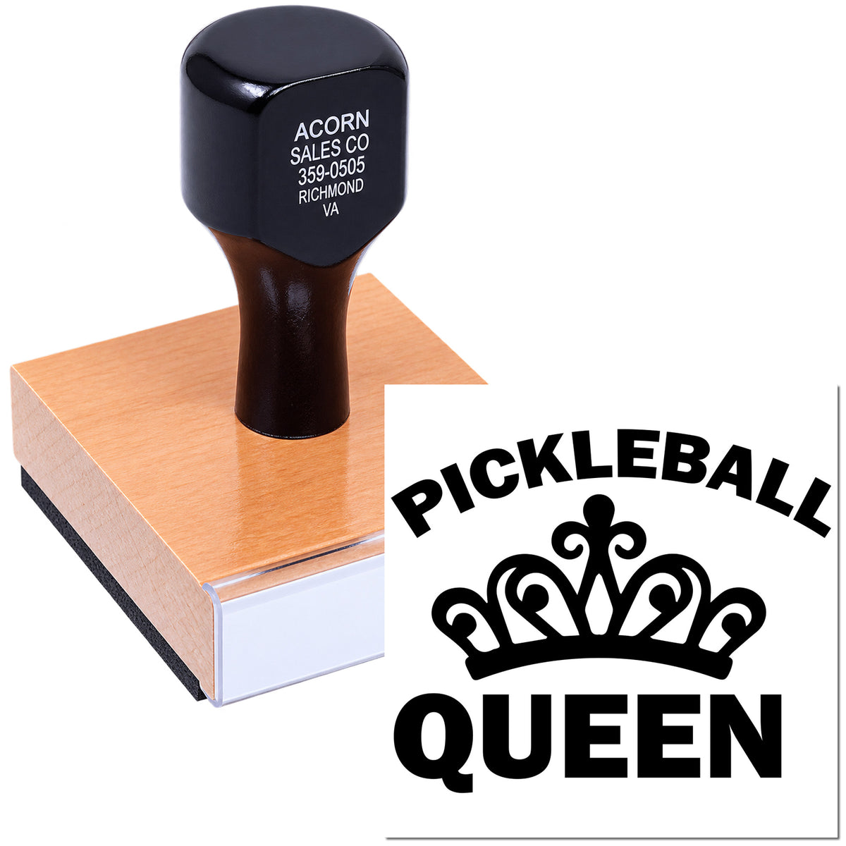 Custom rubber stamp showing Pickleball Queen crown logo and sample business imprint for branding, packaging, and crafts.