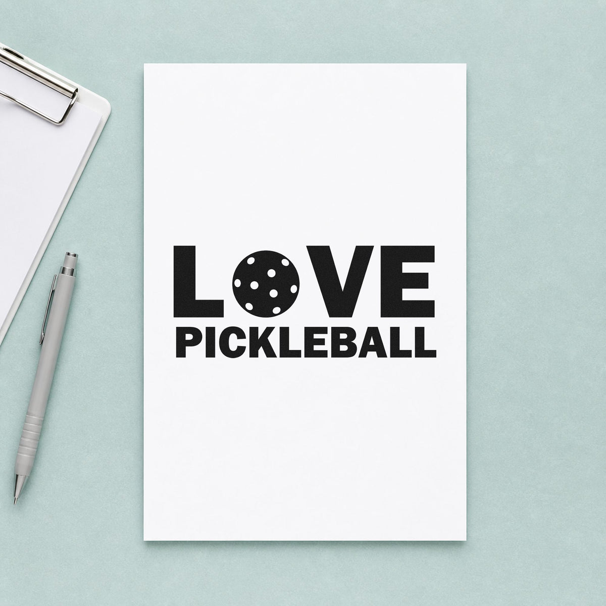 Love Pickleball Ball Letter craft stamp in black ink on cardstock, an easy option for ladder season album page.